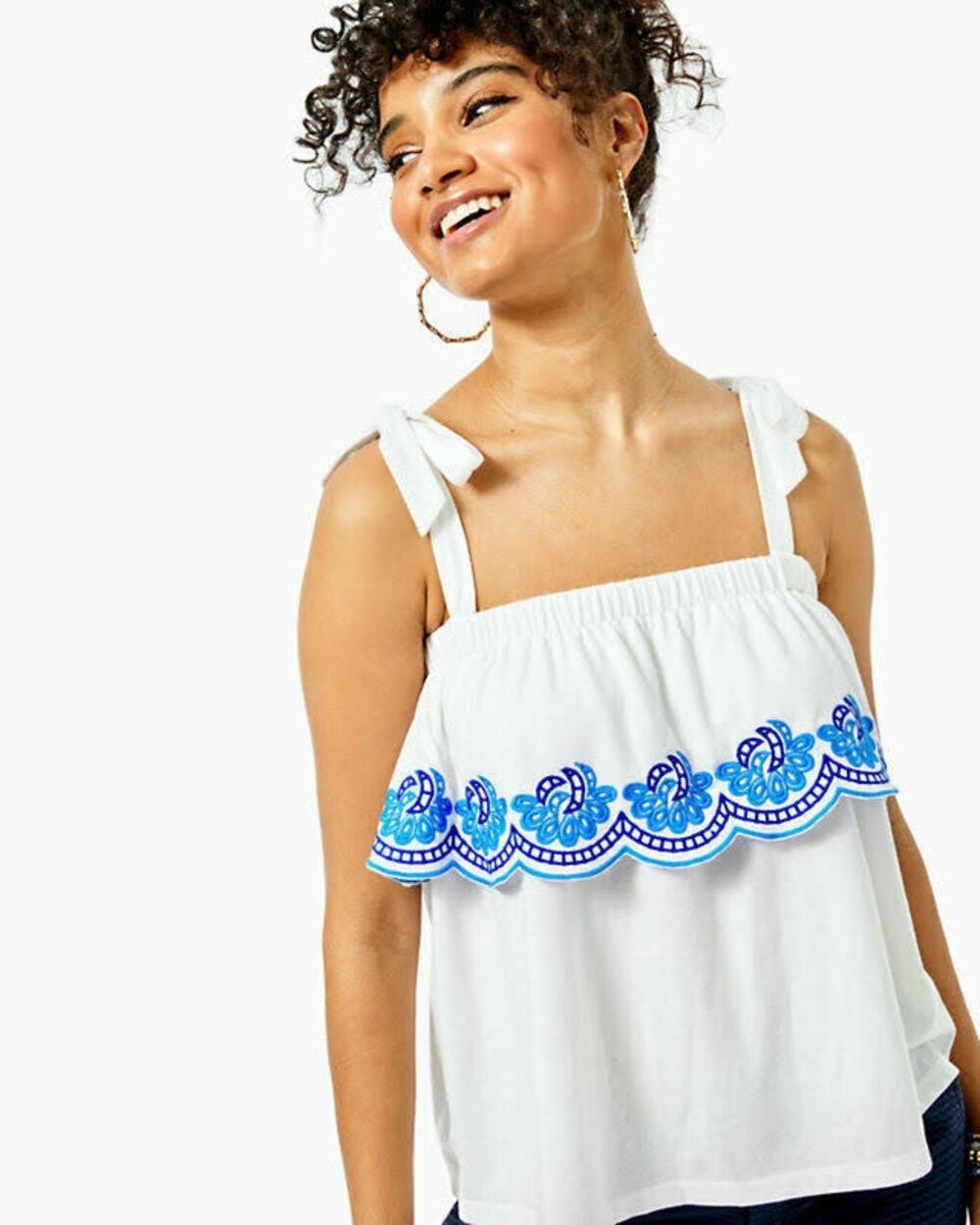 Lilly Pulitzer Benita Embroidered Scalloped White Tie Strap Tank Top Size XXS